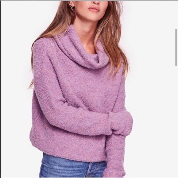 Free People Stormy Pullover Sweater Pink Purple S Cowl Neck Boucle Teddy Crop - Picture 5 of 16
